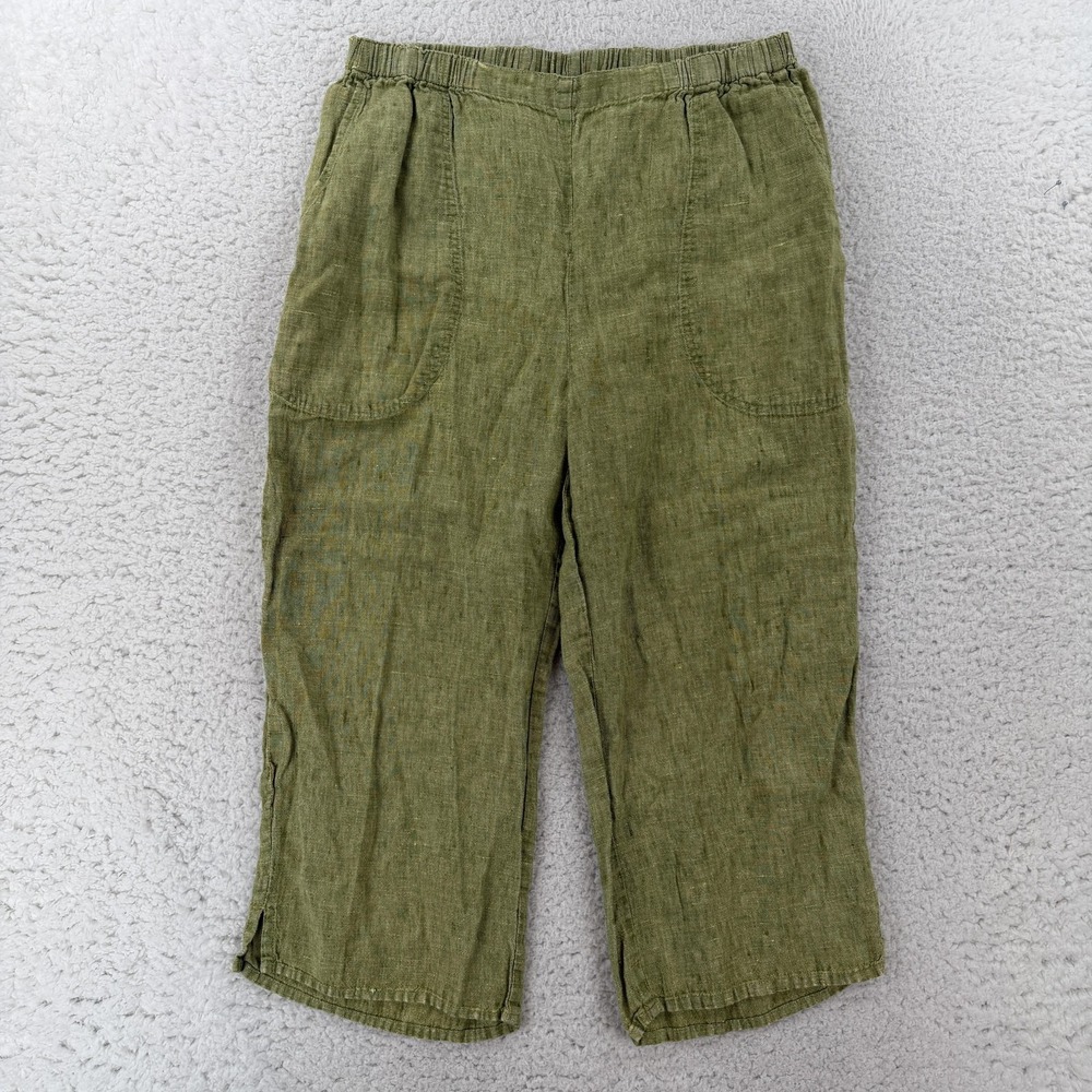 FLAX Pants Womens Medium Green Linen Cropped Wide Leg Elastic Waist Casual